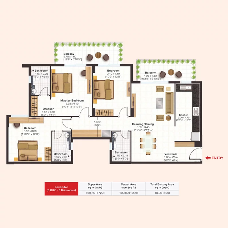 "Architectural floor plan illustration for Ashiana Anmol, revealing the arrangement of rooms, dimensions, and key features, offering insight into the functional aspects of the living space.