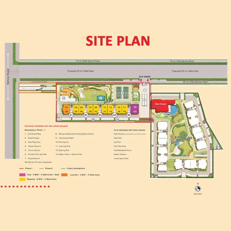 Detailed site plan for Ashiana Anmol, illustrating the thoughtful layout of buildings, green spaces, and amenities within the community, creating a well-organized and aesthetically pleasing living environment.