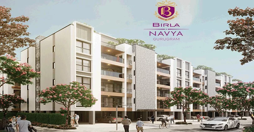 "Exterior view of Birla Estates Navya, showcasing contemporary architecture and lush landscaping.