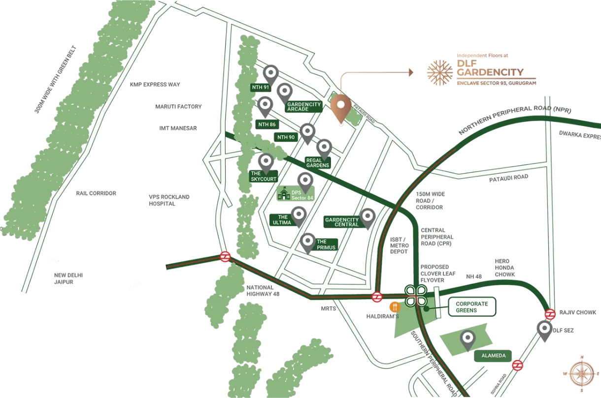 A location map of DLF Garden City Enclave Phase 2, showcasing its strategic placement in relation to the surrounding area. The map highlights key landmarks, nearby transportation hubs, and the development's accessibility.