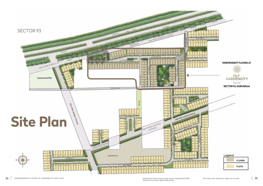 A site plan overview of DLF Garden City Enclave Phase 2, detailing the layout of residential buildings, green spaces, and amenities. The plan illustrates the strategic placement of units, communal areas, and recreational spaces, creating a well-organized and aesthetically pleasing environment.