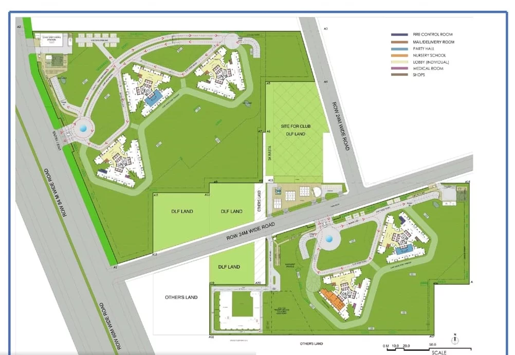 Site plan overview of DLF The Grove, revealing the meticulous layout of residential buildings, green spaces, and amenities. The plan illustrates the strategic placement of units, communal areas, and recreational spaces, creating a harmonious living environment.