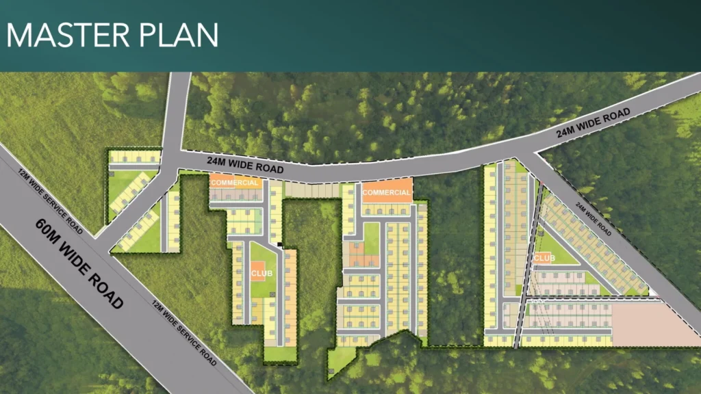 A site plan overview of M3M Antalya Hills, illustrating the meticulous layout of residential buildings, green spaces, and amenities. The plan depicts the strategic placement of units, communal areas, and recreational spaces, creating a well-organized and visually appealing environment.